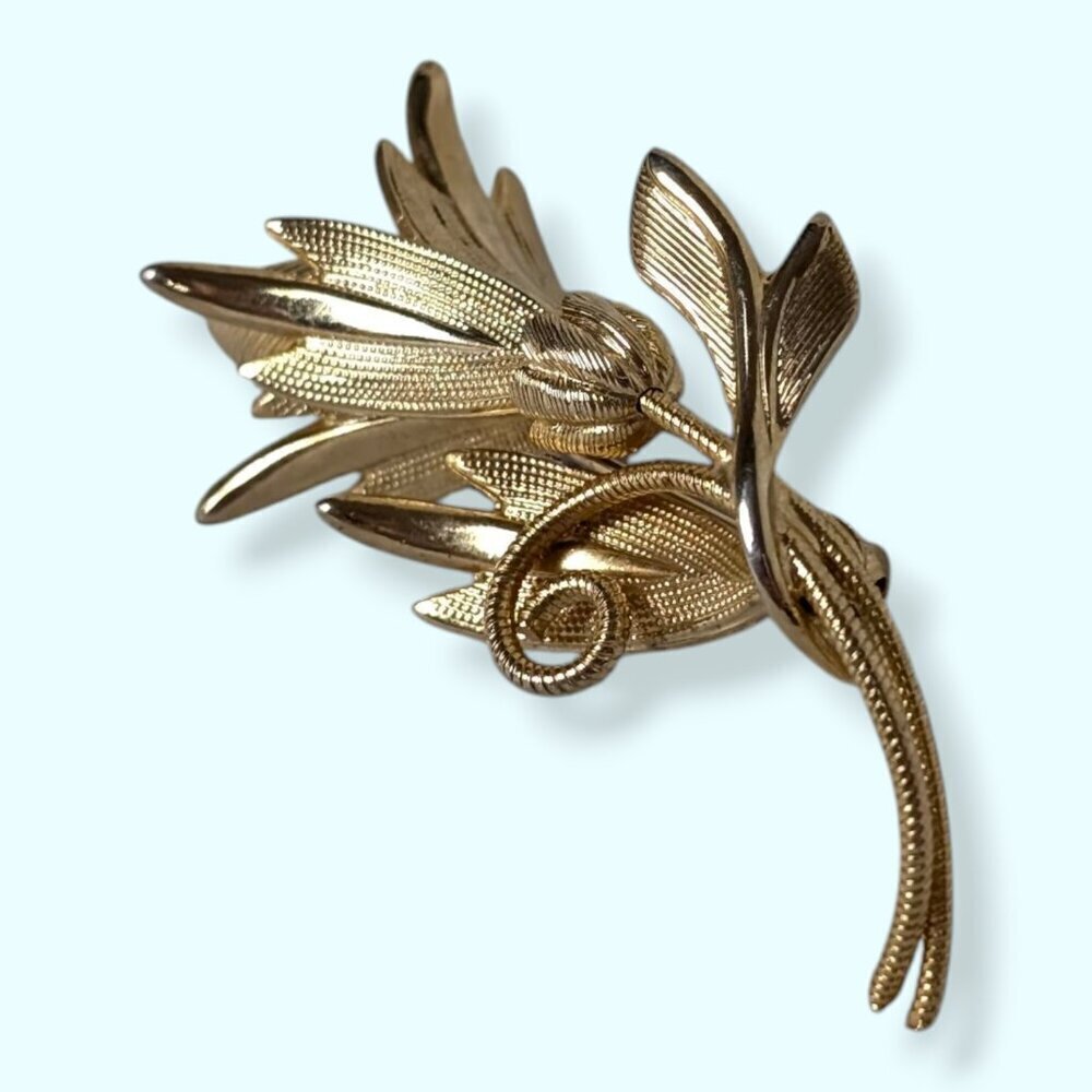 (2/$20) V. Gold Tone Textured Leafy Bough Brooch